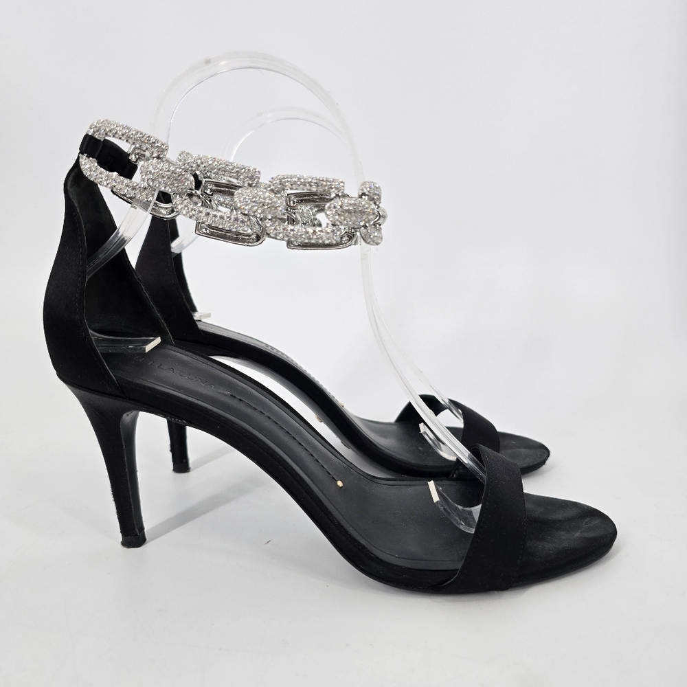 Stella Luna Chain Link Satin Black Sandals Size 38 Ankle Chain Open Toe